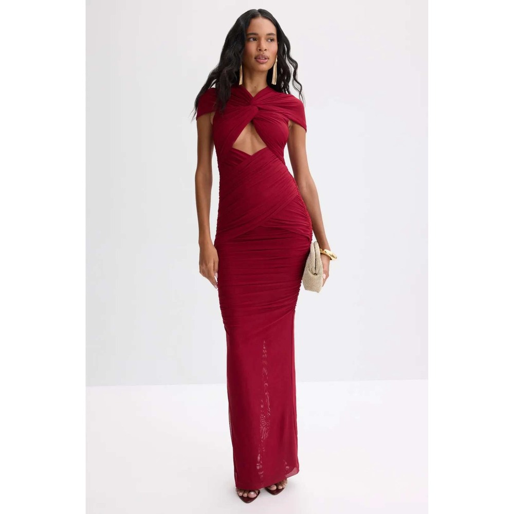 RONNY KOBO Red Ruched Mesh Crisscross Cutout Maxi Dress Size M